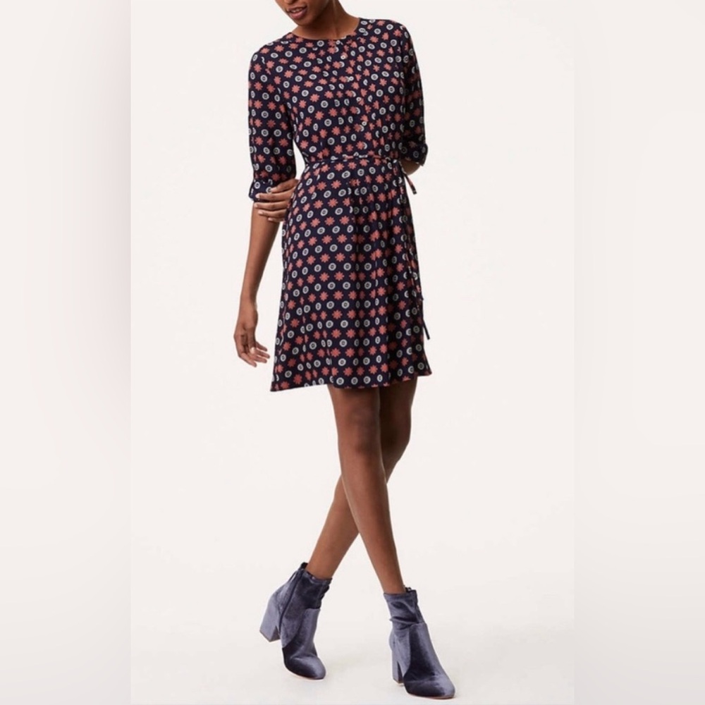 LOFT NAVY & ORANGE PRINT LONG SLEEVE PLEATED BUTTON FRONT SHIRTDRESS SIZE XS